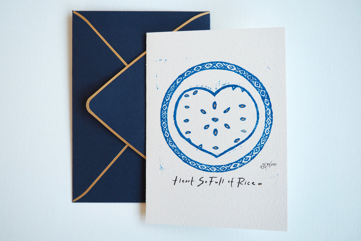 ‘Heart So Full of Rice’ Linocut Art Print Greeting Card - 5”x7” Blank Card &amp; Envelope