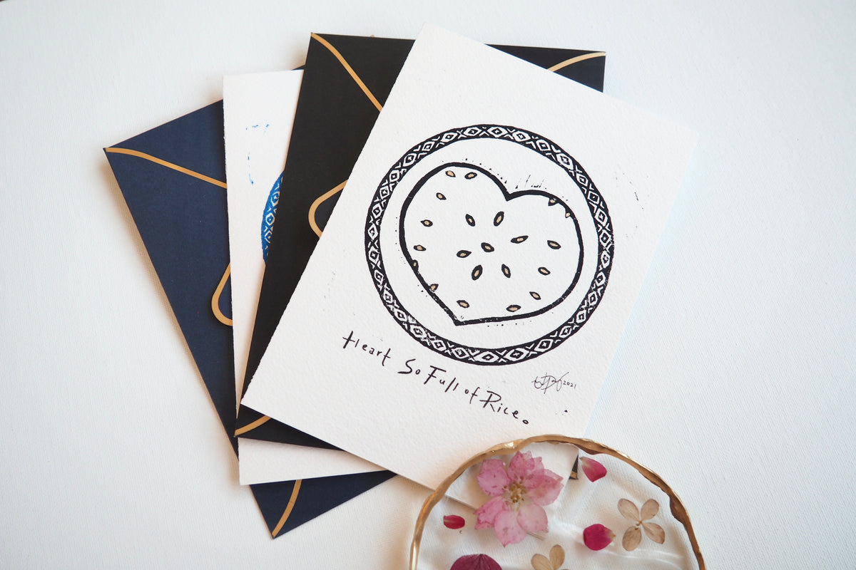 ‘Heart So Full of Rice’ Linocut Art Print Greeting Card - 5”x7” Blank Card &amp; Envelope