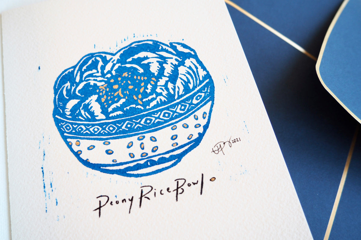 ‘Peony Rice Bowl’ Linocut Art Print Greeting Card - 5”x7” Blank Card &amp; Envelope