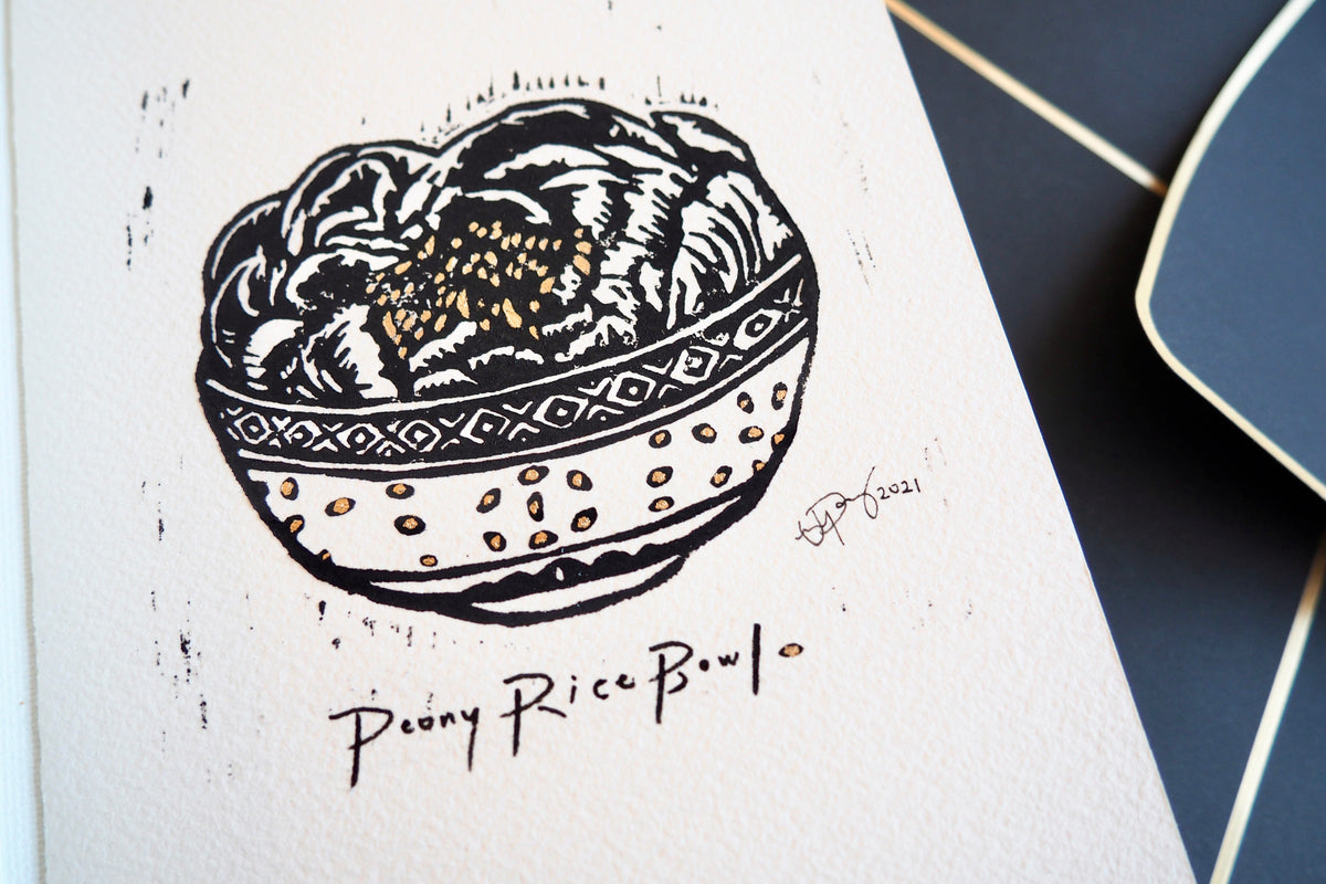 ‘Peony Rice Bowl’ Linocut Art Print Greeting Card - 5”x7” Blank Card &amp; Envelope